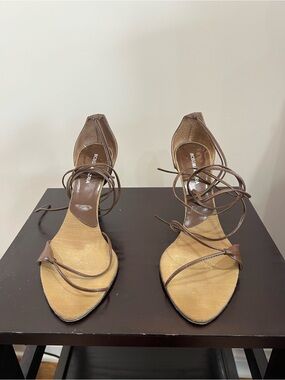 BCBG MaxAzria Brown Strappy Leather Heels
